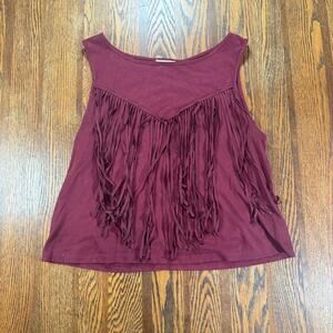 Socialite Women’s Maroon Fringe Tank Top Blouse V-Neck Tassel Chest Size Large
